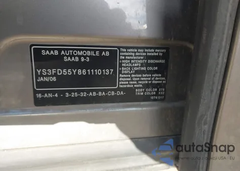 2006 Saab 9-3 2.0T z USA, uszkodzony, nr VIN YS3FD55Y861110137